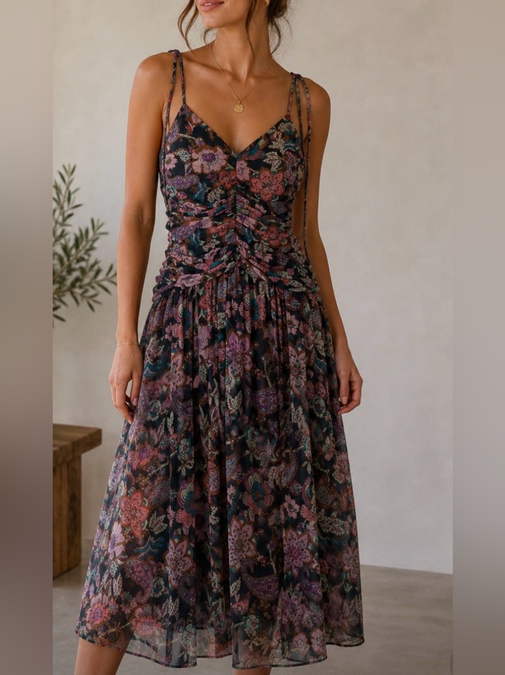 Storia floral print ruched waist  midi dress size small NWT